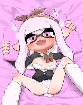  1girl after_vaginal aftersex bandana bed_sheet blush bow bow_panties bowtie breasts clothing_aside cum cum_in_pussy cumdrip fangs female_focus half-closed_eyes heavy_breathing inkling inkling_girl inkling_player_character long_hair looking_at_viewer lying medium_breasts nintendo nipples on_back on_bed open_mouth orgasm panties panties_aside pillow pillow_grab pink_eyes pointy_ears pussy saliva school_uniform smile socks solo splatoon_(series) spread_legs sweat tears tentacle_hair trembling tukadanobuo underwear white_hair white_panties white_socks 