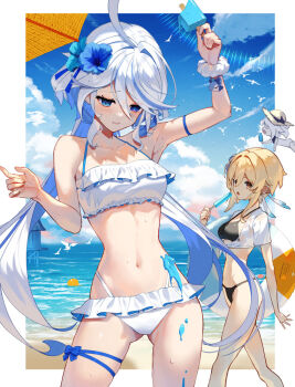 3girls beach bikini bird black_bikini blonde_hair blue_eyes blue_hair blue_sky breasts cloud commentary_request drop-shaped_pupils earrings feather_earrings feathers floating_hair food furina_(genshin_impact) genshin_impact grey_hair hair_ornament hat heterochromia holding holding_food holding_ice_cream ice_cream ice_cream_bar jewelry leg_ribbon long_hair lumine_(genshin_impact) melting multicolored_hair multiple_girls navel ocean outdoors paimon_(genshin_impact) ribbon scottie_(phantom2) see-through_clothes see-through_shirt shirt sky spill straw_hat streaked_hair swimsuit symbol-shaped_pupils thigh_ribbon tied_shirt very_long_hair white_bikini white_bird  rating:Sensitive score:51 user:danbooru