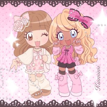  2girls :3 :d ;d absurdres agejo_gyaru animal_print arm_warmers babydoll bag black_shorts black_thighhighs blonde_hair blue_eyes blue_eyeshadow blush boots border bow brown_eyes brown_hair brown_shoes cable_knit cardigan chibi chibi_only commentary dark-skinned_female dark_skin dress dress_bow english_commentary eyeshadow fingernails floral_print floral_print_dress flower footwear_bow french_tips frilled_dress frills full_body gyaru gyaru_v hair_flower hair_ornament happy highres himekaji houkiboshii jewelry knit_cardigan lace lace_border leopard_print long_fingernails long_hair looking_at_viewer loose_socks makeup multiple_girls necklace one_eye_closed open_cardigan open_clothes open_mouth original ornate_border pearl_necklace pink_arm_warmers pink_babydoll pink_bag pink_boots pink_bow pink_dress pink_eyeshadow pink_flower pink_nails pink_theme pom_pom_(clothes) print_babydoll print_bow print_dress rhinestone shoes shorts smile socks standing star_(symbol) tan thighhighs v wavy_hair white_cardigan white_socks 