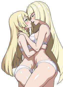  2girls absurdres ass blonde_hair blush bra braid commentary cowboy_shot curvy english_commentary face-to-face female_pervert from_side green_eyes hand_on_another's_shoulder highres hug imminent_kiss incest lillie_(pokemon) long_hair looking_at_another lusamine_(pokemon) mother_and_daughter multiple_girls nintendo nipehi open_mouth panties pervert pokemon pokemon_sm profanity simple_background smile standing straight_hair thighs twin_braids underwear very_long_hair wedgie white_background white_bra white_panties wide_hips yuri 
