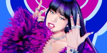  1girl am_202004 black_hair blackpink blue_eyes bracelet clenched_teeth eyeshadow fake_nails hashtag-only_commentary jewelry lisa_(blackpink) long_hair looking_at_viewer makeup mascara mole necklace pink_lips real_life ring solo teeth twitter_username 
