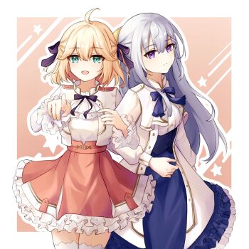  2girls absurdres ahoge anisphia_wynn_palettia aqua_eyes ascot blonde_hair blue_bow blue_bowtie blue_skirt border bow bowtie braid chinese_commentary closed_mouth commentary cowboy_shot cropped_jacket euphyllia_magenta frilled_skirt frilled_sleeves frills green_eyes grey_hair hair_between_eyes hair_bow hair_ribbon high-waist_skirt highres jacket locked_arms long_hair long_sleeves looking_at_viewer medium_hair multiple_girls neck_ribbon open_clothes open_mouth outline outside_border pink_background pink_skirt pointing pointing_at_viewer purple_bow purple_eyes purple_ribbon ribbon shirt short_hair skirt smile star_(symbol) tensei_oujo_to_tensai_reijou_no_mahou_kakumei thighhighs trwv7487 white_ascot white_border white_jacket white_outline white_shirt white_thighhighs yuri zettai_ryouiki 