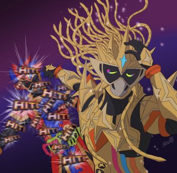  2boys armor black_gloves blue_armor blue_eyes closed_eyes commentary_request cowboy_shot english_text fighting gamer_driver gashat gloves gold_armor hand_on_own_head heterochromia highres houjou_emu jujutsu_kaisen kamen_rider kamen_rider_ex-aid kamen_rider_ex-aid_(hyper_muteki) kamen_rider_ex-aid_(series) kamen_rider_para-dx male_focus mask meme motion_lines multicolored_armor multicolored_eyes multiple_boys naoya_hitting_choso_without_looking_(meme) parad punching purple_background rainbow_eyes red_armor red_eyes rider_belt sparkle tendril tokusatsu upper_body vgz083 