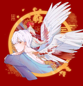  1boy absurdres animal artist_name bird blue_shirt chicken chinese_commentary closed_mouth commentary crossed_arms dreamycakesss english_commentary feathered_wings from_side highres looking_at_viewer male_focus mixed-language_commentary original red_background red_eyes shirt short_hair solo white_hair wings 