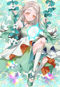  1girl absurdres blonde_hair braid braided_bangs closed_mouth collarbone colored_eyelashes commentary_request criss-cross_halter crown_braid detached_leggings detached_sleeves dress earrings flipped_hair flower flower_swing full_body gakuen_idolmaster gradient_hair green_dress green_shoes green_sleeves grey_hair halter_dress halterneck highres idolmaster jewelry koukei_(idolmaster) layered_dress long_hair looking_at_viewer moffumoto multicolored_hair necklace on_swing orange_eyes pendant plant shinosawa_hiro shoes sitting smile solo stud_earrings swing vines white_flower 