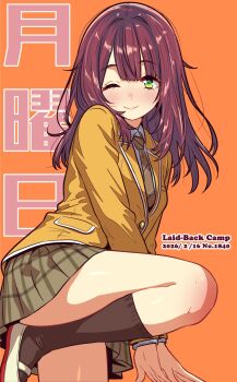  1girl blazer blush brown_hair brown_necktie brown_skirt brown_socks commentary_request copyright_name cowboy_shot dated green_eyes highres jacket jagi_(jagi_souken) knee_up looking_at_viewer necktie one_eye_closed orange_background orange_jacket pleated_skirt school_uniform shoes simple_background skirt smile socks solo standing standing_on_one_leg thighs toki_ayano uwabaki yurucamp 