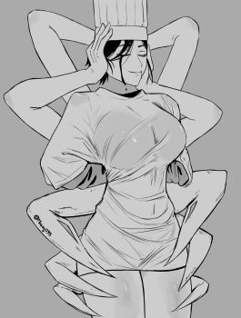  1girl absurdres arms_behind_back blood bloody_tears breasts chainsaw_man chef_hat closed_eyes commentary covered_navel cowboy_shot disembodied_head english_commentary extra_arms falling_devil_(chainsaw_man) flat_top_chef_hat hat highres holding holding_detached_head large_breasts masoq meme narrow_waist pajamas_challenge_(meme) shirt short_hair smile solo twitter_username 