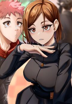  1girl 2boys absurdres bad_tag biting_own_lip black_hair black_jacket blush breasts brown_eyes brown_hair commentary dilan_griz double-parted_bangs fushiguro_megumi hair_behind_ear hair_between_eyes hand_up highres itadori_yuuji jacket jujutsu_kaisen jujutsu_tech_uniform kugisaki_nobara large_breasts long_sleeves looking_at_viewer multiple_boys parted_lips pink_hair short_hair solo_focus 