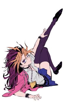  1girl belt belt_collar black_shoes black_thighhighs blazer blonde_hair blue_skirt bracelet breasts chain chain_necklace cleavage collar collared_shirt colored_bangs domino_high_school_uniform full_body genderswap genderswap_(mtf) highres jacket jacket_partially_removed jewelry lapels leg_up loafers looking_at_viewer lying millennium_puzzle multicolored_hair necklace on_back papaya0813 pink_jacket pleated_skirt purple_eyes purple_hair school_uniform shirt shoes short_sleeves simple_background skirt smile solo thighhighs two-tone_hair white_background white_shirt yami_yugi yu-gi-oh! yu-gi-oh!_duel_monsters zettai_ryouiki 