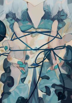  1girl blue_nails buttons cat's_cradle commentary_request diamond_button fingernails frilled_sleeves frills grey_hair hand_focus head_out_of_frame komeiji_koishi long_sleeves medium_hair shinjitsu_no_kuchi shirt solo touhou upper_body yellow_shirt 