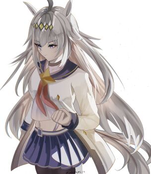  1girl absurdres ahoge animal_ears black_leggings black_pantyhose blue_eyes blue_sailor_collar brooch clenched_hand closed_mouth commentary ear_ornament english_commentary grey_hair grey_tail hair_between_eyes hair_ornament hairband highres horse_ears horse_girl horse_tail jacket jewelry leggings long_hair long_sleeves midriff navel neckerchief oguri_cap_(starlight_beat)_(umamusume) oguri_cap_(umamusume) pantyhose pleated_skirt red_neckerchief sailor_collar shifuku25 shirt simple_background skirt solo star_brooch tail umamusume white_background white_jacket white_shirt 