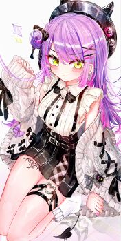  1girl a1u absurdres barefoot black_hat black_skirt blush breasts cardigan closed_mouth commentary demon_girl demon_tail ear_piercing earrings fake_horns green_eyes grey_cardigan hair_bun hair_ornament hairclip hat heart heart_o-ring highres hololive horned_headwear horns jewelry jirai_kei leg_tattoo leg_warmers long_hair long_sleeves looking_at_viewer multicolored_hair multicolored_nails o-ring o-ring_thigh_strap official_alternate_costume parallel_hairclips piercing pink_hair pink_nails purple_hair purple_nails shirt single_side_bun sitting skirt sleeves_past_wrists small_breasts solo suspender_skirt suspenders tail tattoo thigh_strap tokoyami_towa tokoyami_towa_(jirai_kei) two-tone_hair virtual_youtuber wariza white_leg_warmers white_shirt x_hair_ornament yellow_nails 