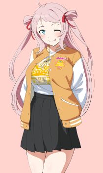  1girl ;p absurdres ahoge black_skirt blue_eyes blush breasts commentary cowboy_shot hair_ribbon highres jacket large_breasts letterman_jacket long_hair looking_at_viewer love_live! love_live!_fan_fun_festival love_live!_nijigasaki_high_school_idol_club miniskirt mole mole_under_eye official_alternate_costume one_eye_closed open_clothes open_jacket orange_jacket pink_background pink_hair pleated_skirt red_ribbon ribbon shirt simple_background skirt smile solo standing tongue tongue_out uchuu_no_mozuku very_long_hair white_shirt zhong_lanzhu 