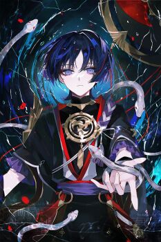  1boy aegyo_sal arm_at_side black_bodysuit black_hair black_kimono black_sleeves bodysuit closed_mouth expressionless eyelashes eyeliner eyeshadow fingernails frilled_sleeves frills from_above furisode genshin_impact gold hat highres japanese_clothes jewelry jingasa juban kimono layered_sleeves looking_at_viewer lying lying_on_water makeup male_focus mandarin_collar mitsudomoe_(shape) multicolored_hair neck_ring neyti_(neytirv) o-ring on_back open_hand outstretched_arm purple_eyes purple_hair purple_rope purple_sash purple_sleeves reaching reaching_towards_viewer red_eyeliner red_eyeshadow red_hat red_kimono red_sash ripples rope sash scaramouche_(genshin_impact) shimenawa short_sleeves single_sode snake snake_wrapped_around_arm solo straight-on streaked_hair tassel tomoe_(symbol) tsurime twitter_username unworn_hat unworn_headwear upper_body water watermark white_kimono white_rope white_snake wispy_bangs 