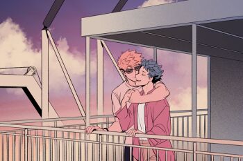  2boys 5mll3 arm_around_shoulder arm_up bakugou_katsuki balcony blonde_hair boku_no_hero_academia brown_pants closed_eyes cloud collared_shirt crew_neck dusk eyes_visible_through_eyewear green_hair holding_hands kiss long_sleeves male_focus midoriya_izuku multiple_boys open_clothes open_mouth open_shirt outdoors pants railing red_shirt shirt shirt_tucked_in short_hair sky smile spiked_hair standing sunglasses watch white_shirt wristwatch yaoi 