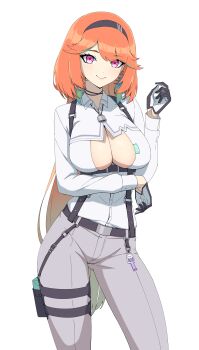 1girl absurdres belt breasts cleavage_cutout clothing_cutout cosplay daydarion elira_pendora elira_pendora_(4th_costume) elira_pendora_(cosplay) feathers gloves headband highres hololive hololive_english holster jewelry large_breasts necklace nijisanji nijisanji_en orange_hair pants purple_eyes shirt smile takanashi_kiara virtual_youtuber 