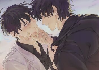  2boys angry black_coat black_hair black_shirt cheek_pinching clothes_grab coat coat_grab collared_shirt commentary_request empty_eyes grin kim_dokja korean_commentary making_board male_focus multiple_boys omniscient_reader's_viewpoint open_clothes open_coat pinching pout scar scar_on_hand shirt short_hair smile upper_body white_coat yoo_joonghyuk 