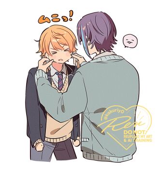  >_< 2boys arms_up blonde_hair blush_stickers cheek_pinching clenched_hands collared_shirt commentary cropped_legs grey_sweater image_in_speech_bubble kamishiro_rui long_sleeves male_focus multicolored_hair multicolored_necktie multiple_boys necktie pinching project_sekai purple_hair rn_(kicakabe) school_uniform shirt simple_background speech_bubble streaked_hair sweater sweater_vest swept_bangs symbol-only_commentary tenma_tsukasa translation_request vest watermark white_background white_shirt wing_collar yaoi yellow_vest 