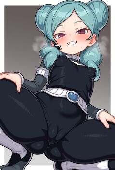  1girl absurdres beta_(inazuma_eleven) black_bodysuit blue_hair blush bodysuit breasts cameltoe covered_erect_nipples double_bun grin hair_bun highres inazuma_eleven_(series) inazuma_eleven_go long_hair looking_at_viewer parted_lips purple_eyes shiguren_39 small_breasts smile solo spread_legs squatting teeth twintails  rating:Questionable score:57 user:danbooru
