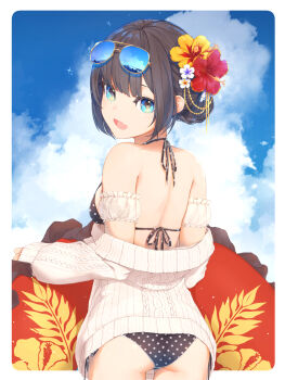  1girl arm_cuffs aviator_sunglasses bikini bikini_under_clothes black_hair blue-tinted_eyewear blue_eyes blue_sky blush breasts cloud commentary cowboy_shot day eyewear_on_head fang flower hair_bun hair_flower hair_ornament halterneck hibiscus highres inn0 innertube looking_at_viewer looking_back no_pants off_shoulder original outdoors outside_border polka_dot polka_dot_bikini revision ribbed_sweater side-tie_bikini_bottom sideboob sidelocks single_hair_bun sky solo summer sunglasses sweater swim_ring swimsuit tinted_eyewear 