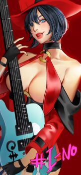  1girl bare_shoulders black_hair blue_eyes breasts guilty_gear guitar hat highres i-no instrument large_breasts tagme underboob witch_hat  rating:Questionable score:17 user:CeliaLover