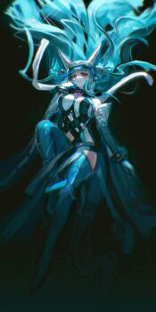  1girl absurdres arknights arknights:_endfield bare_shoulders bell blue_gloves blue_hair breasts brown_eyes closed_mouth clothing_cutout commentary detached_sleeves english_commentary full_body gloves hair_bell hair_ornament hand_up highres last_rite_(arknights) leotard long_hair long_sleeves looking_at_viewer pointy_ears sakiyo smile solo very_long_hair wide_shot 