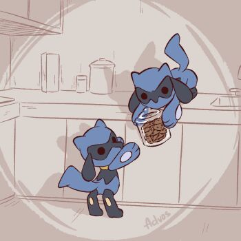  advos artist_name black_fur blue_fur chibi cookie cookie_jar food gen_4_pokemon holding holding_jar indoors jar kitchen looking_at_viewer nintendo no_humans pokemon pokemon_(creature) riolu tail two-tone_fur 