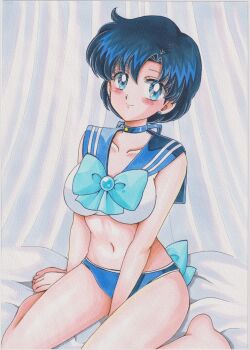  1girl absurdres back_bow bed bishoujo_senshi_sailor_moon blue_background blue_bow blue_bowtie blue_choker blue_eyes blue_hair blue_panties blue_sailor_collar blush bow bowtie chikoto_(kztc4472) choker circlet closed_mouth collarbone commentary highres looking_at_viewer magical_girl midriff mizuno_ami panties parted_bangs pleated_skirt sailor_collar sailor_mercury sailor_moon_narikiri_bra_set sailor_senshi_uniform short_hair sitting skirt smile solo star_(symbol) star_choker traditional_media underwear wariza 