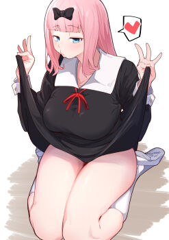  1girl absurdres black_bow black_dress blunt_bangs blush bow breasts clothes_lift collarbone commentary_request dress dress_lift fujiwara_chika full_body hair_bow heart highres kaguya-sama_wa_kokurasetai_~tensai-tachi_no_renai_zunousen~ kneehighs large_breasts long_sleeves neck_ribbon pink_hair re:ankh red_ribbon ribbon shoes sitting socks solo spoken_heart thighs white_background white_socks 