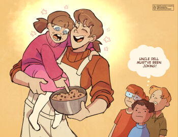  2girls 3boys apron carrying child_carry father_and_child father_and_daughter glasses highres homkamiro mixing_bowl multiple_boys multiple_girls parent_and_child pink_skirt pink_sweater rectangular_eyewear red_sweater scout_(tf2) skirt sleeves_rolled_up speech_bubble sweater team_fortress_2 thought_bubble turtleneck turtleneck_sweater  rating:General score:1 user:danbooru