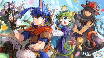  2026 2boys 3girls abs animal_ears arm_tattoo bernadetta_von_varley bird cloak commentary cow_ears cow_horns cow_tail day english_commentary feh_(fire_emblem_heroes) female_robin_(fire_emblem) fire_emblem fire_emblem:_path_of_radiance fire_emblem:_the_blazing_blade fire_emblem:_three_houses fire_emblem_awakening fire_emblem_heroes fox_ears fox_tail garreg_mach_monastery_uniform glint green_hair hairband headband highres horns ike_(fire_emblem) indian_style jaffar_(fire_emblem) katsura_ichiho long_hair mouse_ears mouse_tail multiple_boys multiple_girls nino_(fire_emblem) nintendo official_art outdoors owl purple_hair rabbit_ears rabbit_tail second-party_source short_hair sitting smile tail tattoo toned toned_male 