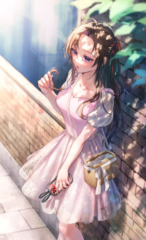  1girl ahoge alternate_costume bag basket black_hair blue_eyes blurry blush bow breasts brick_wall brown_hair cleavage collarbone commentary_request contemporary dappled_sunlight day dress eyelashes feet_out_of_frame from_above gem genderswap genderswap_(mtf) hair_down hair_ribbon half_updo highres holding holding_own_hair holding_phone leaf long_hair looking_down medium_breasts miu_vocalo modao_zushi official_alternate_hairstyle outdoors parted_bangs parted_lips pearl_(gemstone) phone pink_bow pink_dress playing_with_own_hair puffy_short_sleeves puffy_sleeves purple_eyes red_ribbon ribbon see-through_clothes short_sleeves shoulder_bag sidelocks solo standing sunlight twirling_hair twitter_username wei_wuxian wei_wuxian_(yiling_laozu) white_ribbon 