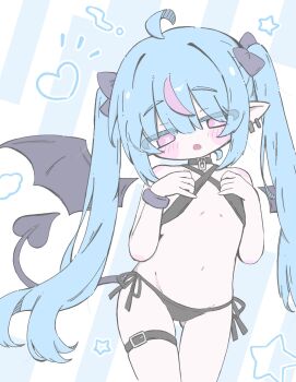  1girl :o ahoge bare_shoulders bat_wings belt bikini black_bikini black_bow black_collar black_wings blue_hair bow bracelet collar colored_eyelashes commentary_request cowboy_shot demon_girl demon_tail detached_wings earrings fang flat_chest gluteal_fold hair_bow hands_up heart highres izumi_(yura_izumi) jewelry loli long_hair multicolored_hair multiple_earrings multiple_hair_bows navel open_mouth original pink_eyes pink_streaks pointy_ears pretzel_bikini side-tie_bikini_bottom sidelocks solo star_(symbol) stomach streaked_hair swimsuit symbol-shaped_pupils tail thigh_belt thigh_strap twintails two-tone_hair very_long_hair wings x-shaped_pupils 
