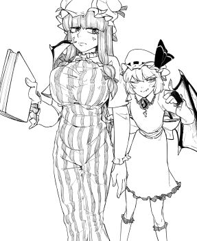  2girls anger_vein back_bow blush book bow breasts capelet commentary crescent crescent_hat_ornament demon_wings drawfag dress feet_out_of_frame fingerless_gloves fingerprint frilled_skirt frills frown gloves greyscale hair_bow hands_up hat hat_ornament hat_ribbon highres holding holding_book jewelry jitome knees large_breasts lips long_hair long_sleeves mob_cap monochrome multiple_girls one_eye_closed patchouli_knowledge remilia_scarlet ribbon ring shirt short_hair sidelocks sideways_glance skirt striped_clothes striped_dress thumbs_up tight_clothes touhou white_background wing_wrap wings 