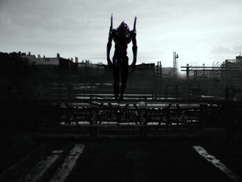  anchoku_0621 city cloud cloudy_sky commentary_request eva_01 fence fire grey_sky highres looking_at_viewer mecha neon_genesis_evangelion no_humans outdoors revision road robot science_fiction silhouette sky standing street walking 