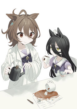  1girl 2girls absurdres agnes_tachyon_(umamusume) ahoge animal_ears black_hair blush bow bowtie brown_hair chemical_structure closed_mouth coat coffee_mug commentary_request cup earrings hair_between_eyes highres holding holding_cup holding_napkin holding_teapot horse_ears horse_girl jewelry lab_coat long_bangs long_hair long_hair_between_eyes long_sleeves manhattan_cafe_(umamusume) mug multicolored_hair multiple_girls paper pencil puffy_short_sleeves puffy_sleeves purple_bow purple_bowtie purple_shirt red_eyes sailor_collar sailor_shirt school_uniform shirt short_hair short_sleeves shunka_shuto single_earring smile spill sugar_cube tea teapot tracen_school_uniform umamusume very_long_hair white_coat white_hair white_sailor_collar yellow_eyes 