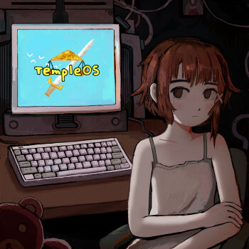  1girl absurdres brown_eyes brown_hair cable chemise commentary computer_keyboard crossed_arms dark_room english_commentary fffkorobka hair_ornament highres indoors iwakura_lain looking_to_the_side monitor no_pupils serial_experiments_lain solo stuffed_animal stuffed_toy teddy_bear templeos white_chemise wispy_bangs x_hair_ornament 