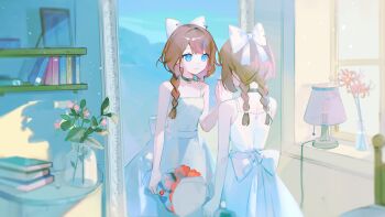  1girl absurdres bare_shoulders blue_eyes book bouquet bow braid breasts brown_hair choker closed_mouth commentary_request dress flower hair_between_eyes hair_bow hair_ornament hairclip hand_on_mirror hand_up highres holding holding_bouquet indoors lamp long_dress long_hair looking_at_mirror makagi2 mirror multiple_girls original plant potted_plant solo standing sundress twin_braids wedding_dress white_bow window 