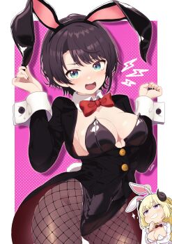  2girls absurdres alternate_costume black_hair black_jacket black_leotard black_nails black_pantyhose blue_eyes blush bow bowtie breasts cleavage coattails commentary_request contrapposto covered_navel curio_(curiofinity) detached_collar fake_tail fishnet_pantyhose fishnets gluteal_fold grin hands_up highres hololive jacket leotard looking_at_another looking_at_viewer medium_breasts multiple_girls nail_polish oozora_subaru open_mouth pantyhose playboy_bunny rabbit_tail red_bow red_bowtie short_hair smile solo_focus strapless strapless_leotard swept_bangs tail tearing_up traditional_bowtie tsunomaki_watame underbust virtual_youtuber white_leotard wrist_cuffs 