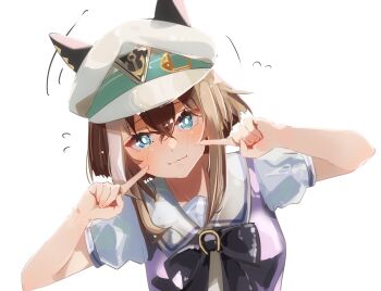  1girl anchor_symbol black_bow black_bowtie blush bow bowtie bright_pupils brown_hair cheval_grand_(umamusume) closed_mouth collared_shirt ear_covers ears_through_headwear fingers_to_cheeks flying_sweatdrops hair_between_eyes hat highres multicolored_hair peaked_cap purple_vest school_uniform shirt short_hair_with_long_locks simple_background solo streaked_hair tracen_school_uniform two-tone_hair umamusume upper_body vest white_background white_hair white_hat white_pupils white_shirt yoojp 