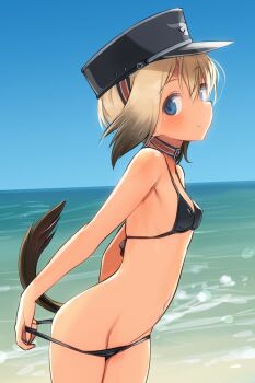  501st_joint_fighter_wing beach bikini black_bikini black_hat blonde_hair blue_eyes breasts erica_hartmann hat highres looking_at_viewer non-web_source official_art pants_partially_removed shimada_fumikane short_hair small_breasts smile strike_witches swimsuit tail world_witches_series  rating:Questionable score:83 user:danbooru