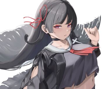  1girl absurdres arm_cutout black_choker black_hair black_jacket black_shirt breasts chisa_(wuthering_waves) choker clothing_cutout commentary_request donutman0112 hair_ribbon hand_up highres jacket long_hair looking_at_viewer medium_breasts mole mole_under_eye navel neckerchief parted_lips red_eyes red_neckerchief red_ribbon ribbon sailor_collar shirt simple_background solo upper_body white_background white_sailor_collar wuthering_waves 