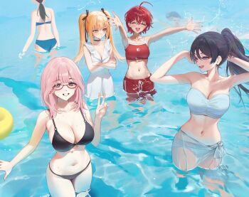  5girls ahoge ame_(uten_cancel) armpits arms_at_sides ass bikini black_bikini black_hair blonde_hair blue_bikini blue_sarong blush breasts character_request cleavage clenched_teeth closed_mouth collarbone commentary_request crossed_arms eroge_no_utsu_end_kara_heroine-tachi_wo_kyuusai_shitara glasses grey_hair hands_up high_ponytail large_breasts long_hair male_swimwear multiple_girls navel official_art one-piece_swimsuit open_mouth orange_eyes pink_eyes pink_hair ponytail red-framed_eyewear red_bikini red_hair red_male_swimwear sarong second-party_source see-through_clothes see-through_sarong semi-rimless_eyewear short_hair small_breasts smile splashing strapless strapless_bikini swimsuit teeth twintails under-rim_eyewear v wading water white_one-piece_swimsuit 