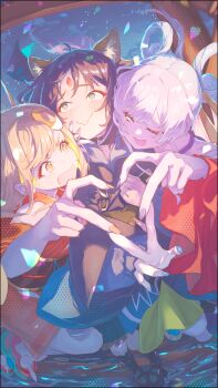  3girls @_@ animal_ears averting_eyes bare_shoulders blonde_hair blue_hoodie blush cho_kaguya-hime! commentary_request crescent crescent_hair_ornament forehead_jewel fox_ears girl_sandwich green_eyes hair_ornament hair_rings hair_stick heart heart_hands heart_hands_trio highres hood hoodie japanese_clothes kaede_(harutan109) kaguya_(cho_kaguya-hime!) kimono long_hair long_sleeves looking_at_another multiple_girls one_eye_closed open_mouth purple_hair rabbit_ears red_kimono runami_yachiyo sakayori_iroha sandwiched short_hair smile tearing_up twintails wavy_mouth white_hair yuri 