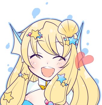  1girl arch_bishop_(ragnarok_online) blonde_hair blue_dress blush body_blush cleavage_cutout closed_eyes clothing_cutout commentary_request dress hair_ornament heart long_hair oekakipikki open_mouth portrait ragnarok_online shell shell_hair_ornament simple_background smile solo star_(symbol) star_hair_ornament teeth two-tone_dress upper_teeth_only white_background white_dress 