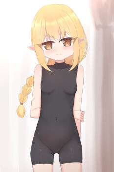  1girl arm_behind_back black_bodysuit blonde_hair blush bodysuit braid breasts brown_eyes curtains elf holding_own_arm loli long_hair looking_at_viewer original pointy_ears shooko single_braid sleeveless sleeveless_bodysuit small_breasts smile standing 
