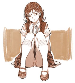  1girl alphonse_(white_datura) bad_id bad_pixiv_id braid brown_eyes brown_hair female_focus full_body hair_over_shoulder knees_together_feet_apart long_hair looking_at_viewer mary_janes monochrome original panties pantyshot school_uniform shirt shoes short_sleeves sitting skirt skirt_set smile solo twin_braids underwear vest white_panties  rating:Sensitive score:70 user:danbooru