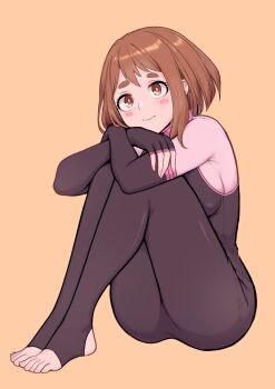  1girl black_bodysuit black_gloves blush_stickers bodysuit boku_no_hero_academia brown_background brown_eyes brown_hair buuu0715 commentary_request elbow_gloves fingerless_gloves full_body gloves highres hugging_own_legs looking_at_viewer medium_hair simple_background sitting sleeveless sleeveless_bodysuit solo toeless_legwear uraraka_ochako  rating:Sensitive score:14 user:danbooru