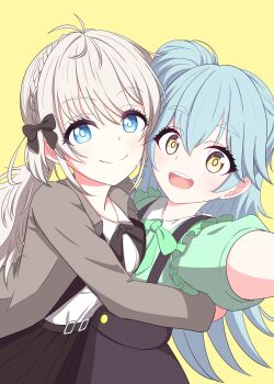  2girls absurdres antenna_hair aqua_hair black_bow blonde_hair blue_eyes bow bowtie braid brown_bow brown_bowtie brown_dress brown_jacket brown_skirt closed_mouth crown_braid dress green_bow green_bowtie green_shirt hair_bow hair_bun highres hirose_miina hug jacket long_hair looking_at_viewer low_twintails multiple_girls natalya_(shine_post) open_clothes open_jacket open_mouth pinafore_dress reaching reaching_towards_viewer sample341114 shine_post shirt skirt sleeveless sleeveless_dress teeth twintails upper_teeth_only white_shirt yellow_background yellow_eyes 