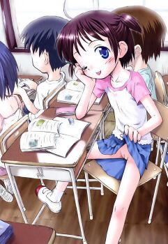 blue_eyes blush bottomless classroom cleft_of_venus clothes clothes_lift copyright_request desk exhibitionism flashing flat_chest highres jojifuku kokekokko_coma loli looking_at_viewer no_panties one_eye_closed pale_skin petite public_indecency pussy school school_desk sitting skinny skirt skirt_lift smile source_request spread_legs tongue tongue_out uncensored wink rating:Explicit score:221 user:zanubios
